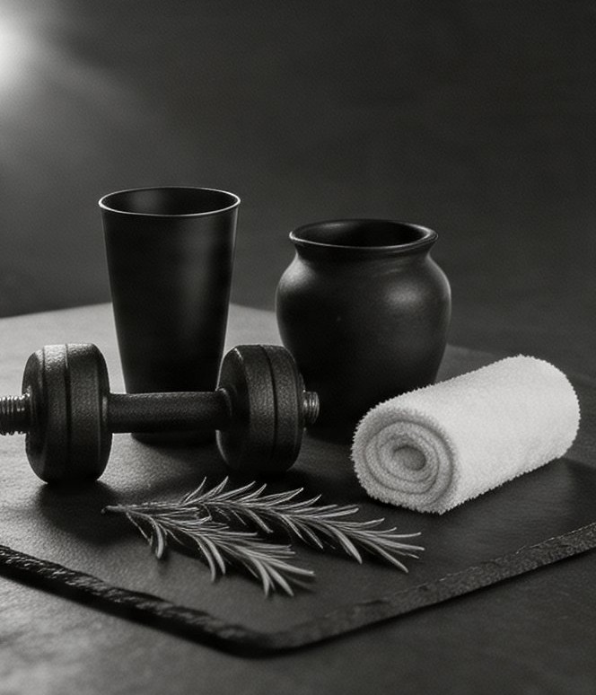 Hand weight, towel, and rosemary arranged on slate