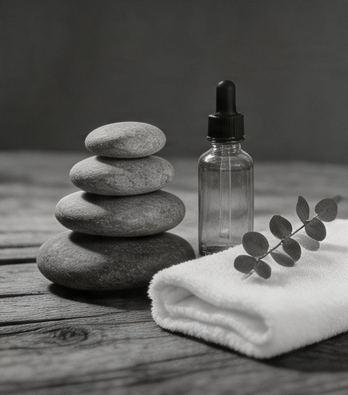 Calm spa setting — stones, serum, and a folded towel